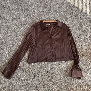Z Supply Brown Satin Button-Down Cropped Shirt
